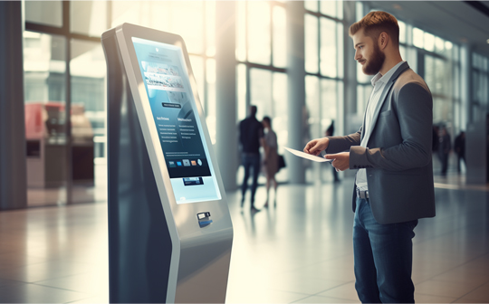 a man coming towards bill payment kiosk machine
