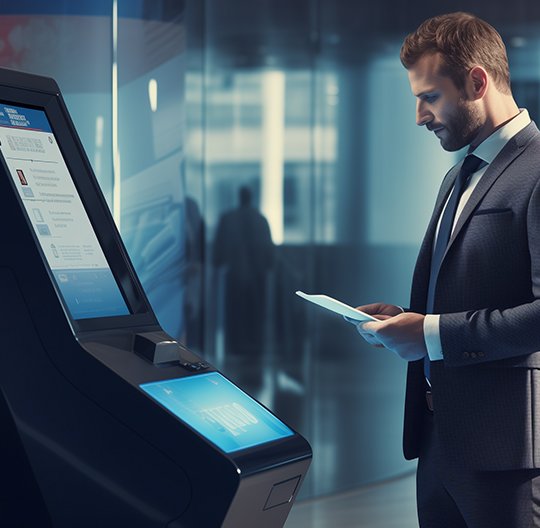 man coming to bill payment kiosk