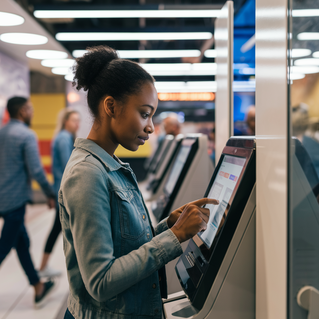 A lady using ticketing kiosk machine