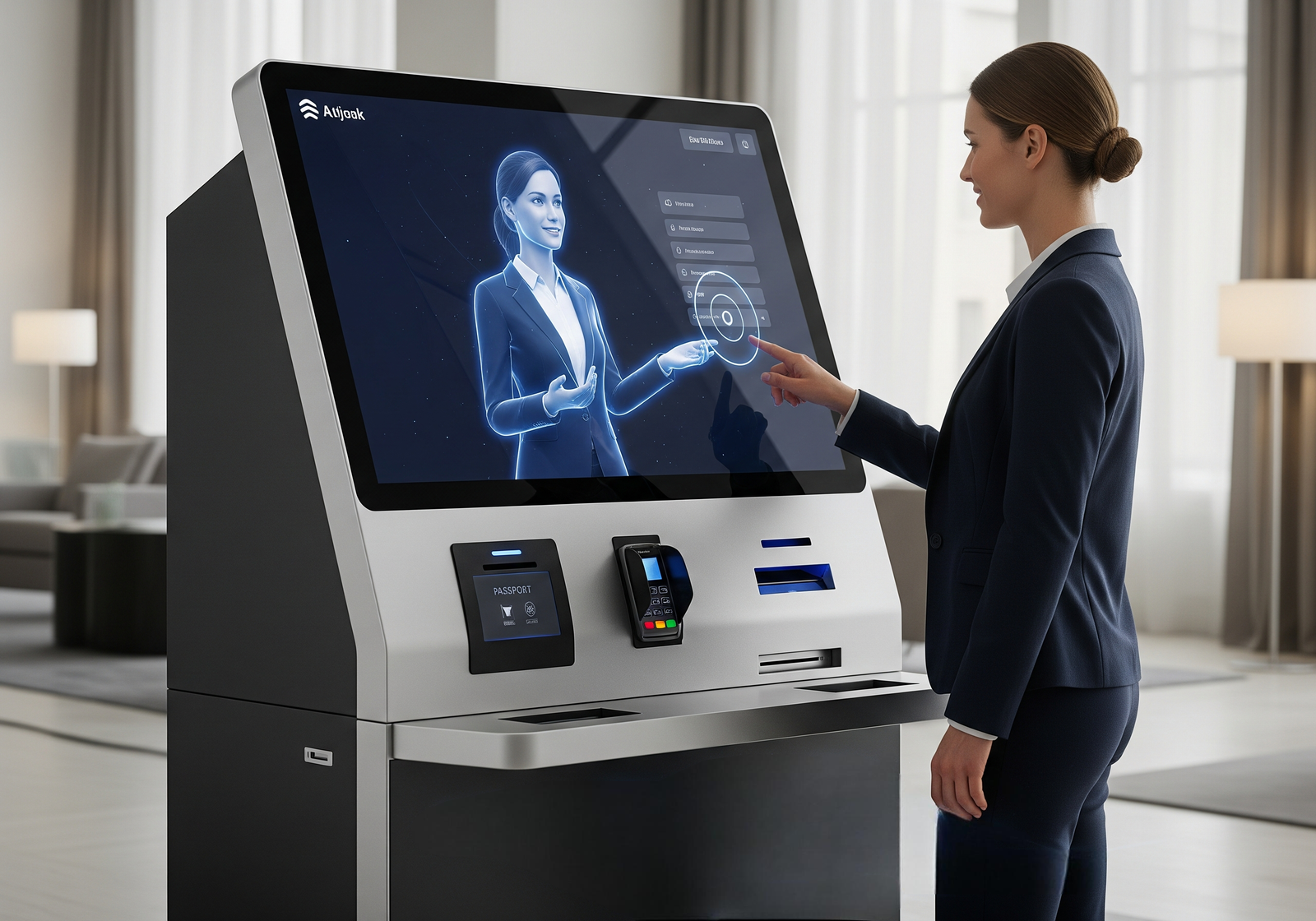Modern contactless hotel check-in kiosk. Built for Middle East hotels.