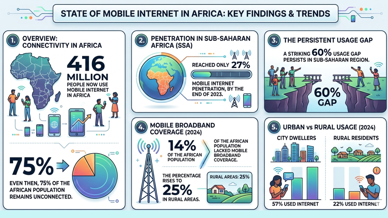 State of mobile internet in Africa with connectivity, broadband, and internet usage data.