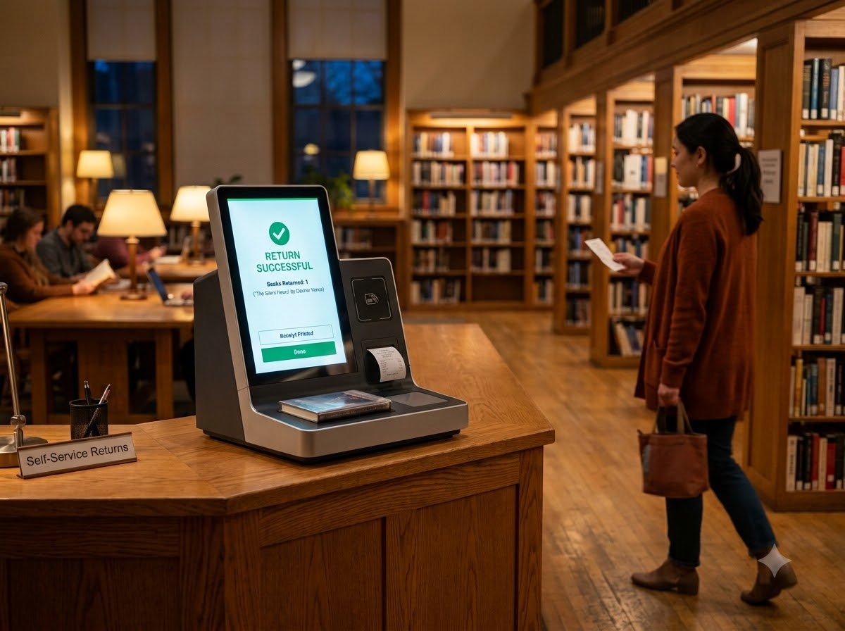 What are the features of a RFID library kiosk machine